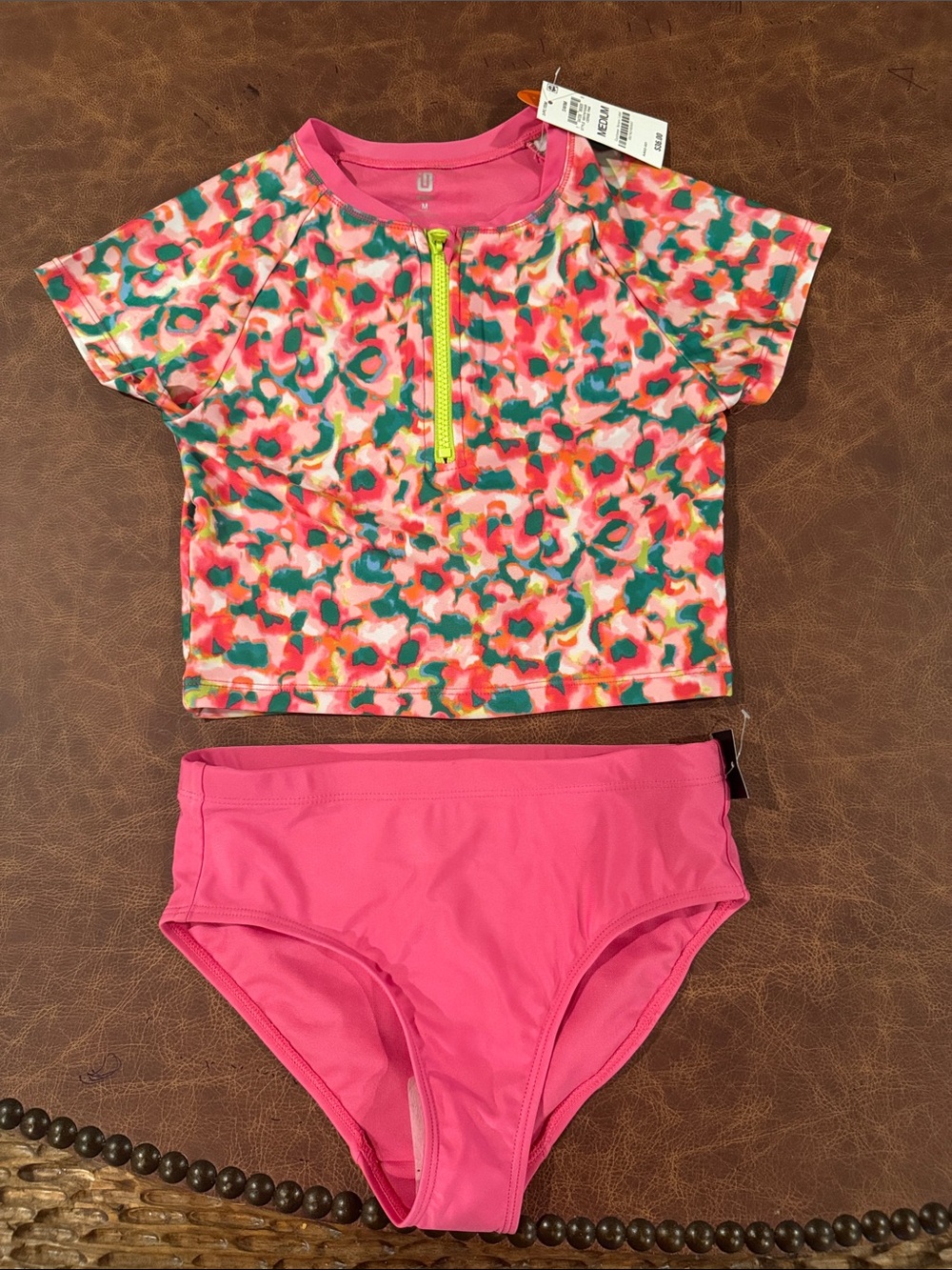 Gymboree Pink Multi Floral Zip Rash Guard Bikini Set